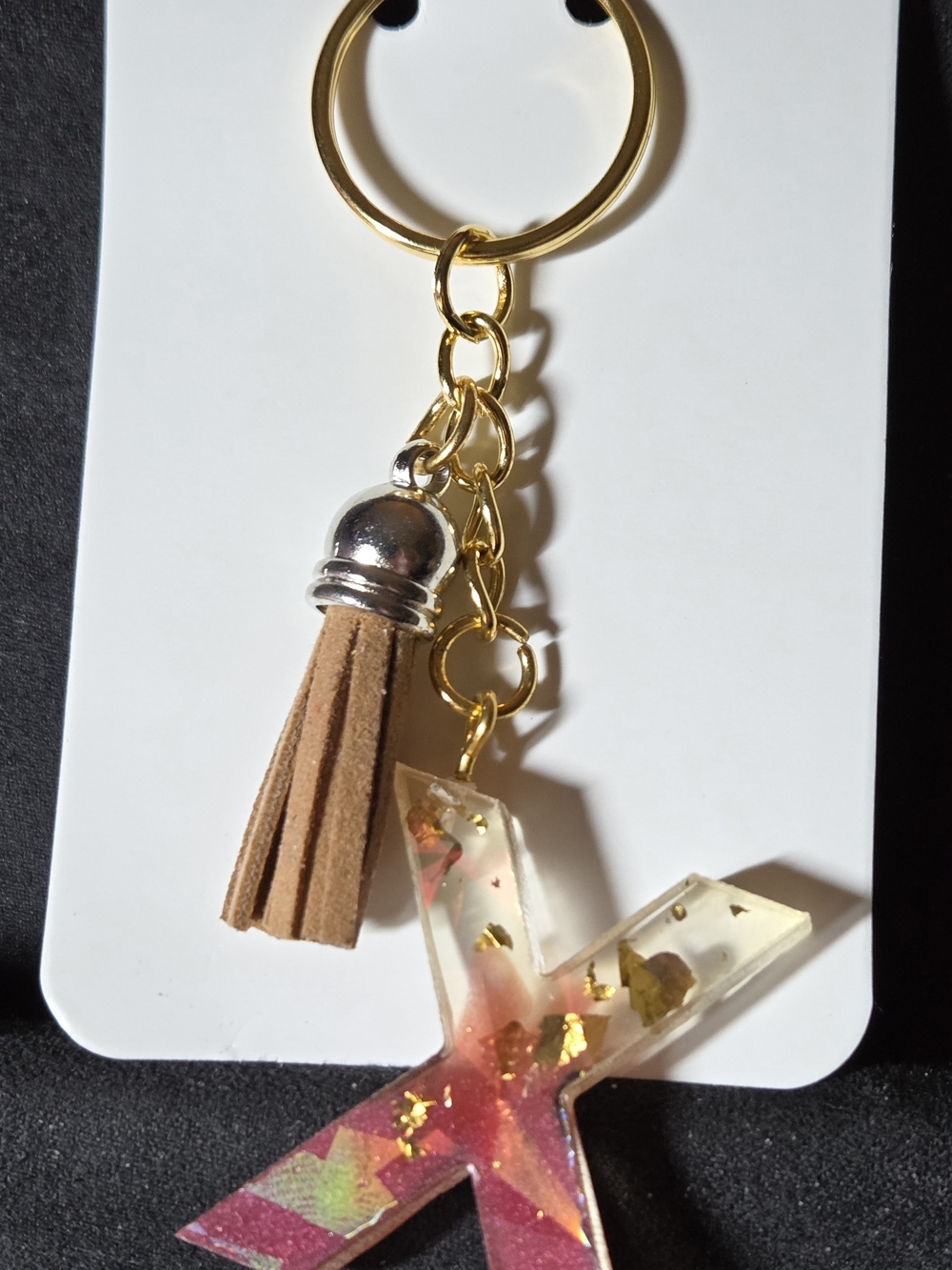 Tassel & Resin 'X' Keyring — Tan Tassel with Pink and Gold Accents
